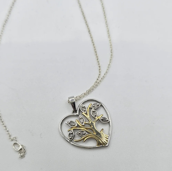 Sterling Silver Heart Tree of Life Pendant 18” Necklace CZ 925 Gold Branches MA - Picture 3 of 7